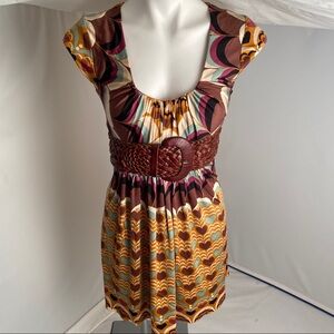 Sky multicolor brown heart dress with leather faux belt M